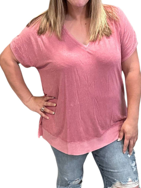 KORI Washed Knit Tunic Top Pink Large 2