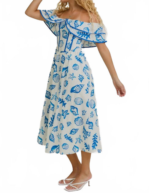 LE LIS Shelly Off Shoulder Midi Kleid Blau XS 3