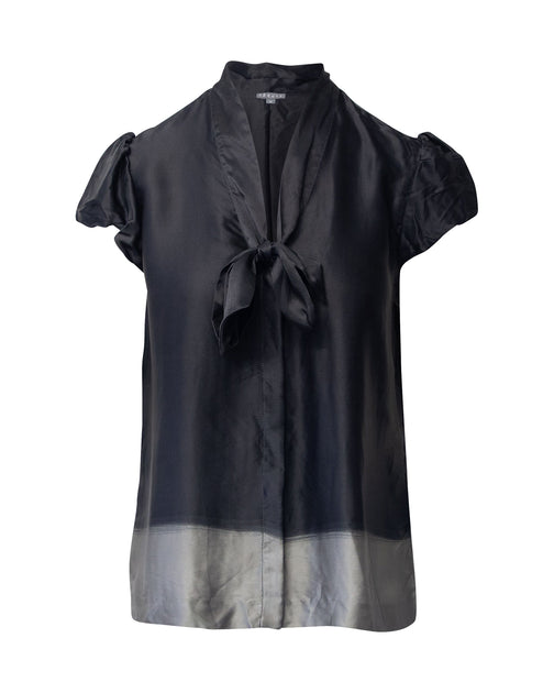 Theory Tie Front Blouse Puff Sleeves Black Medium 2