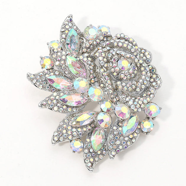 FASHNZFAB Stone Paved Flower Pin Brooch Silver 2