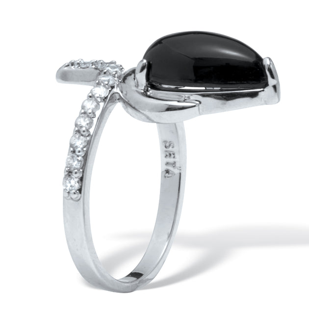 Palm Teardrop Onyx Cubic Zirconia Silvertone Ring White US 8 3