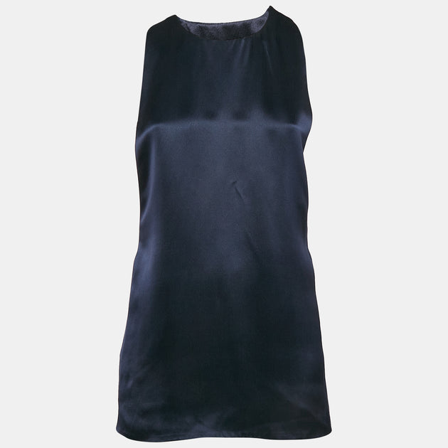 トップス salvatoreFerragamo Salvatore Ferragamo Navy Blue Satin Silk Lace-up Detail Sleeveless