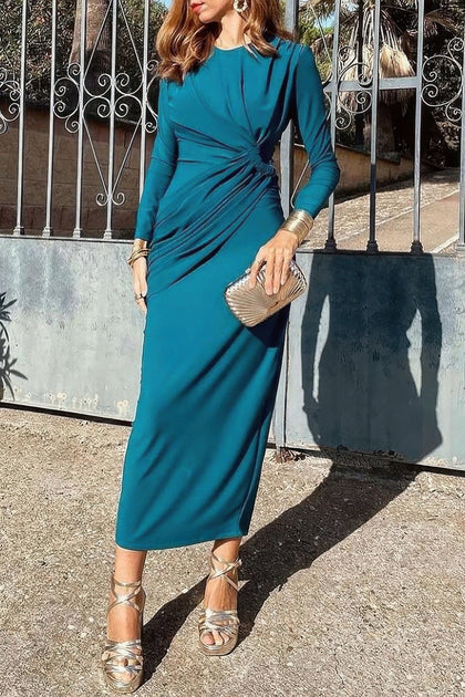 TRUEDAMES Round Neck Ruched Wrap Hem Dress Blue Small 2