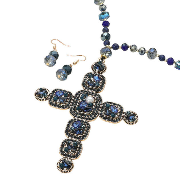 FASHNZFAB Stone Pearl Embellished Cluster Cross Pendant Beaded Necklace Set Blue One Size 3