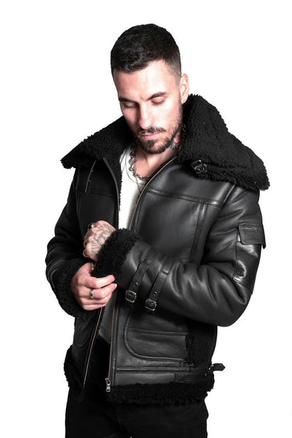 Infinity Hingham Mens Sheepskin Biker Jacket Black Medium 4