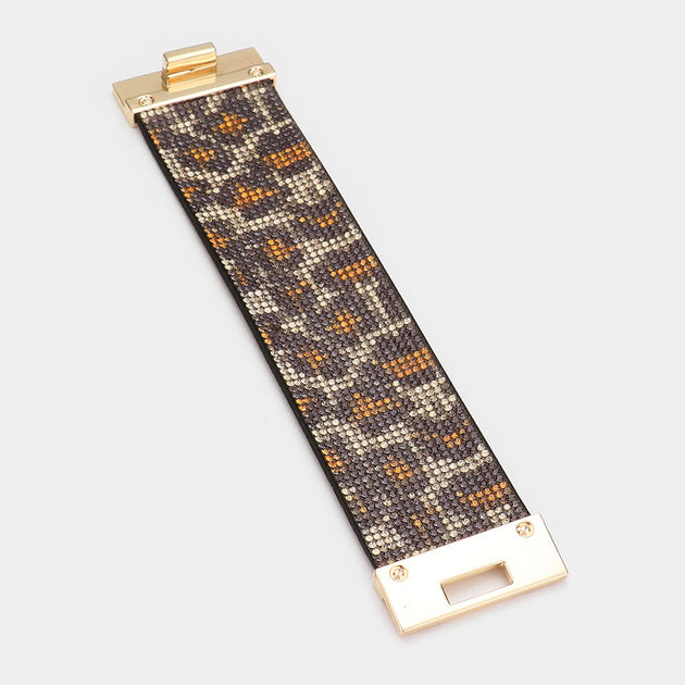 FASHNZFAB Leopard Embellished Rhinestone Wide Turn Lock Bracelet Gold/Leopard One Size 3