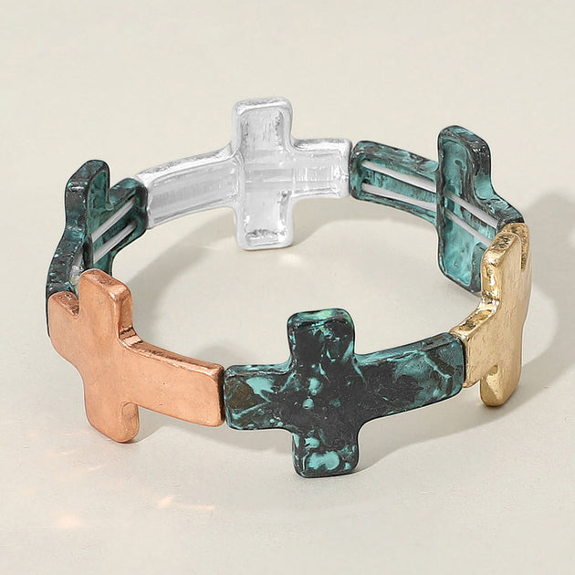 FASHNZFAB Worn Metal Cross Stretch Bracelet Patina Verdigris Green One Size 2