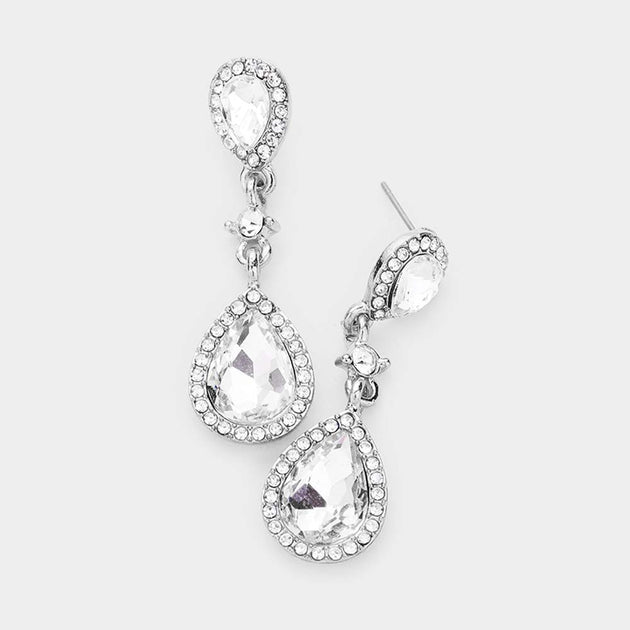 FASHNZFAB Double Teardrop Stone Accented Dangle Earrings Silver 5