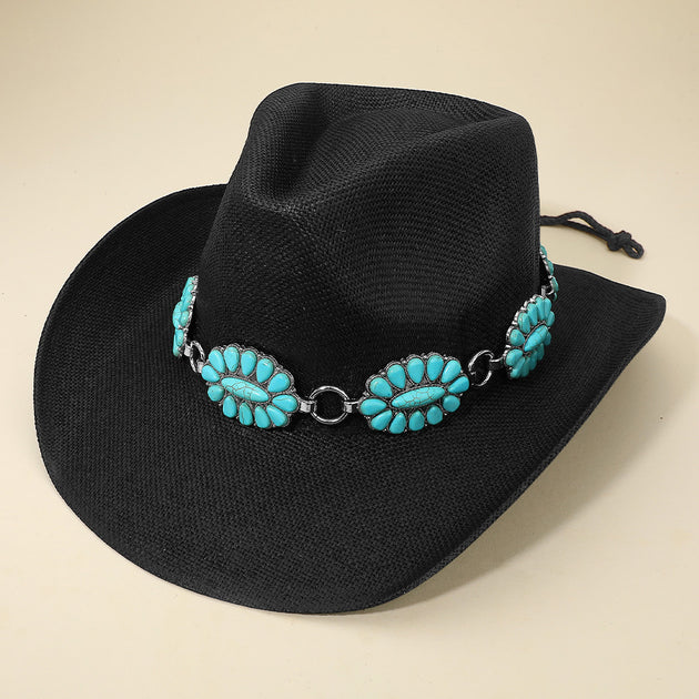 FASHNZFAB Western Linked Concho Band Cowboy Fedora Hat Black 6