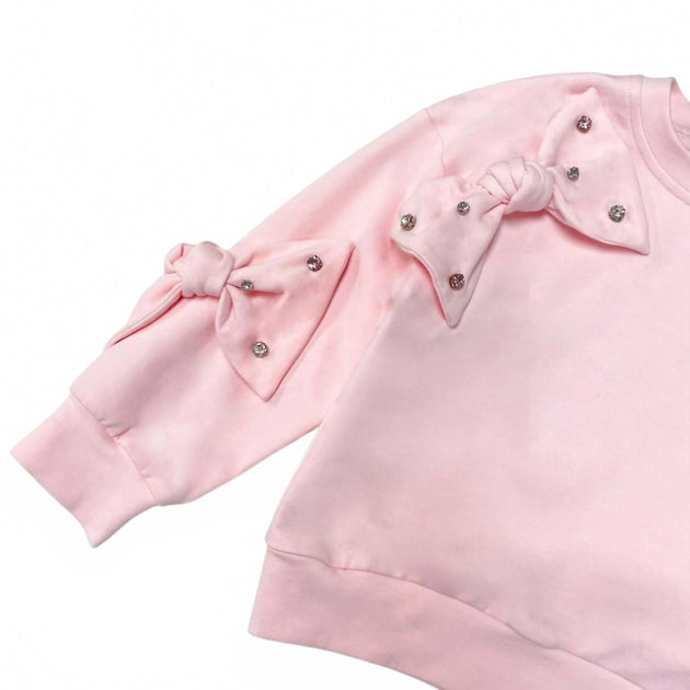 Doe a Dear Girl's Rhinestone Bow Long Sleeve Pullover Pink 4T 3
