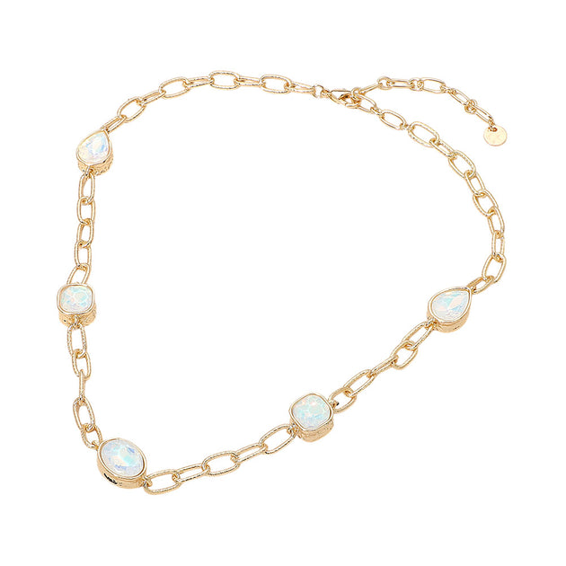FASHNZFAB Oval Teardrop Square Stone Bezel Link Necklace Blue One Size 4