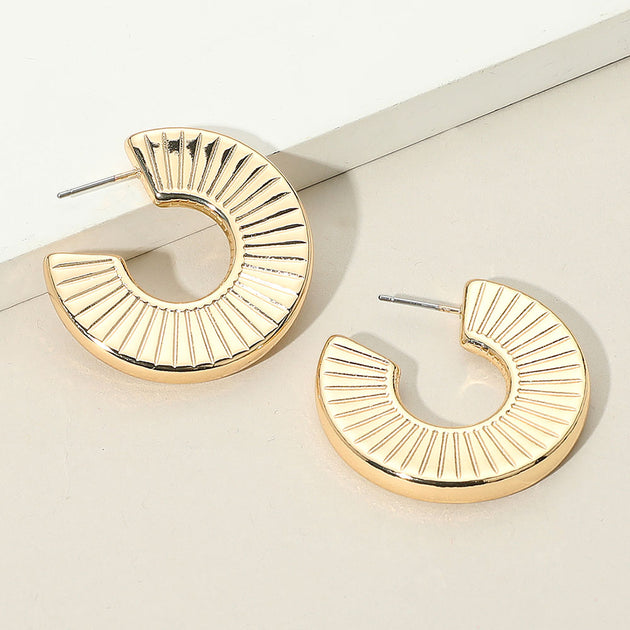 FASHNZFAB Textured Metal Fan Hoop Earrings Gold Silver 2