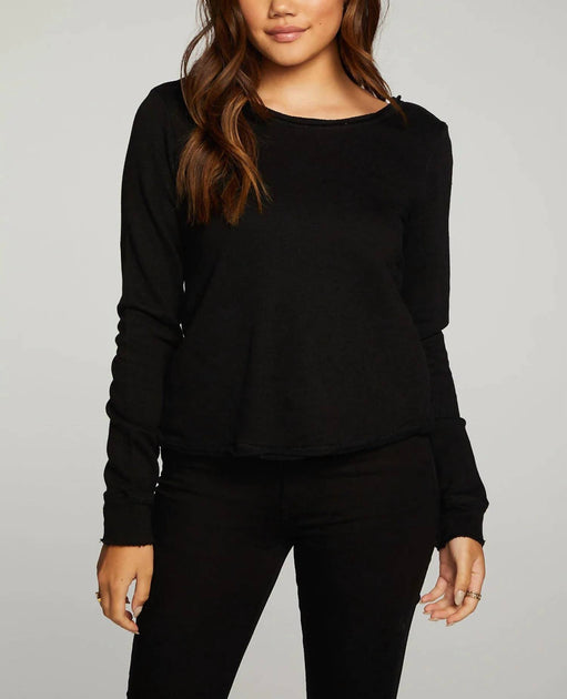 Chaser Linen French Terry Long Sleeve Cross Back Pullover Black XS 2