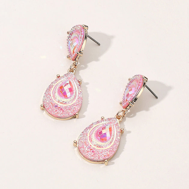 FASHNZFAB Teardrop Stone Druzy Dangle Earrings Pink 3