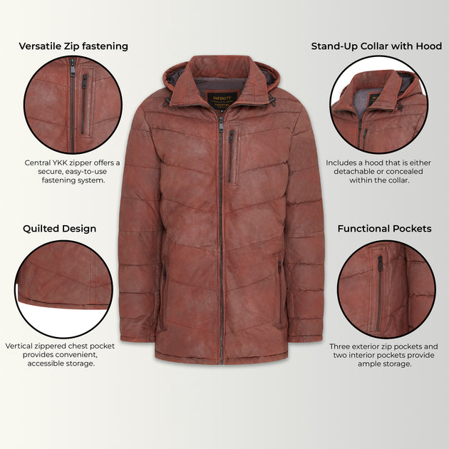 Infinity Orion Mens Leather Puffer Jacket Brown XL 4