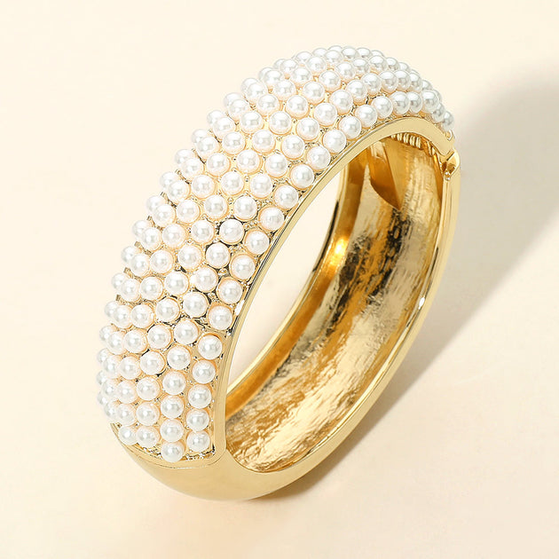 FASHNZFAB Pearl Paved Hinged Bangle Bracelet Cream Gold Silver One Size 2
