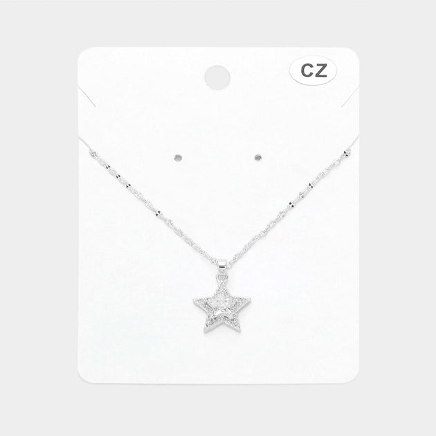 FASHNZFAB CZ Stone Paved Star Pendant Necklace Silver 2
