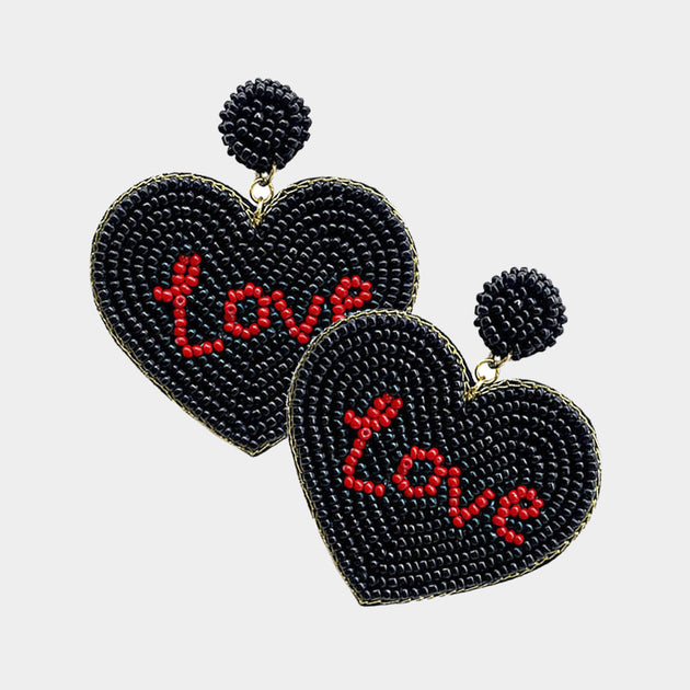 FASHNZFAB Love Message Felt Back Seed Beaded Heart Dangle Earrings Black Red 3