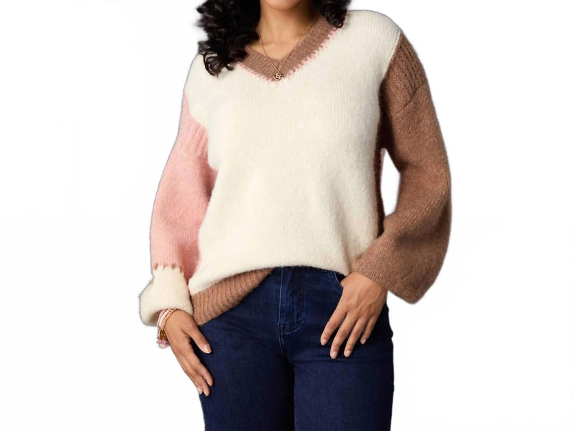 COCO + CARMEN Dolores Pullover mit Kontrastärmeln V-Ausschnitt beige Large/XLarge Damen 4