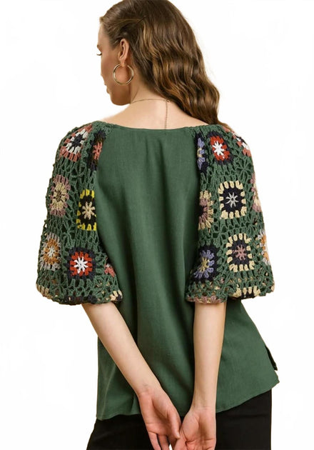 umgee Crochet Sleeve Top Green 1X 4