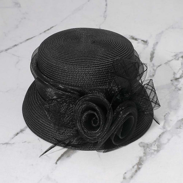 FASHNZFAB Mesh Flower Feather Pointed Hat Black 23in 2