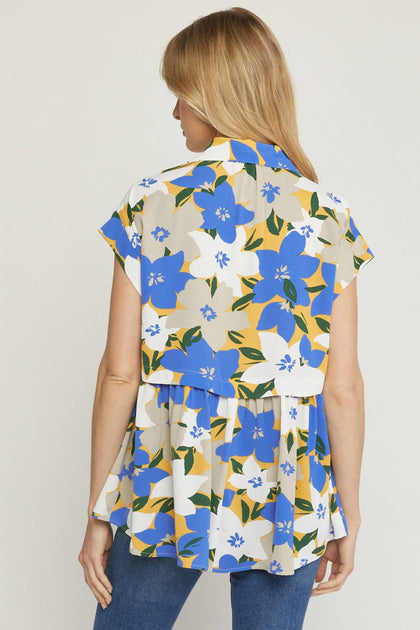 Entro Floral Print V-Neck Top Blue Small 4