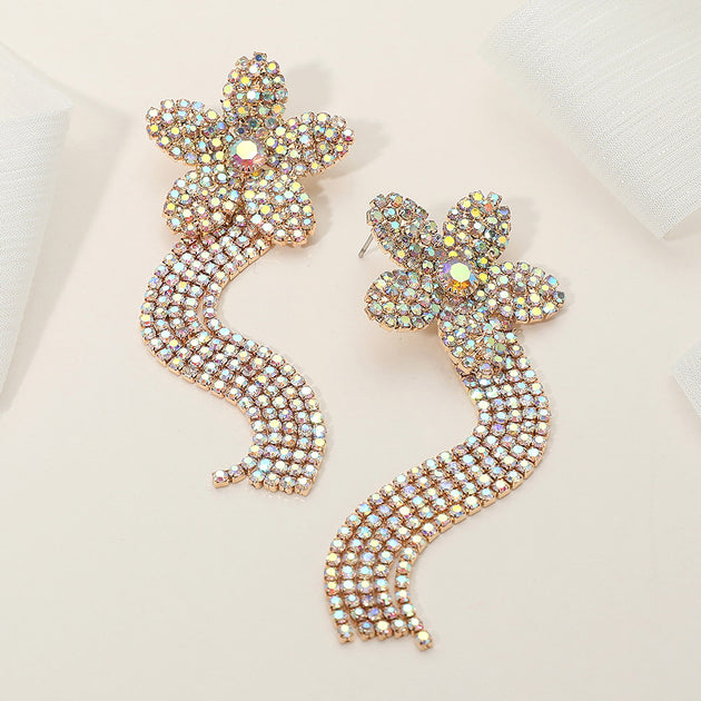 FASHNZFAB Rhinestone Paved Flower Fringe Evening Earrings Gold Blue 2