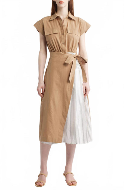 Zoe LTD Tie Waist Midi Shirtdress Beige Small 2
