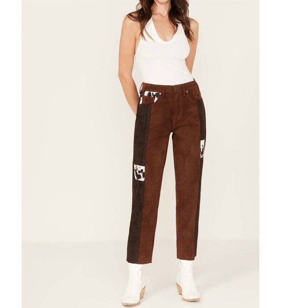 Rock & Roll Denim High Rise Suede Patchwork Straight Cropped Jeans Brown 30 2