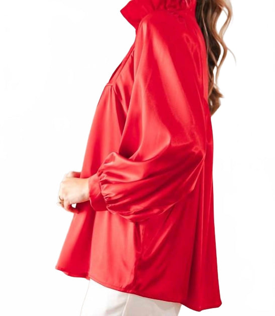Adrienne Morgan Ruffle Collar Satin Blouse Red Medium 4