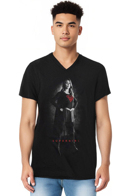Gildan Supergirl Black V-Neck T-Shirt Medium 4