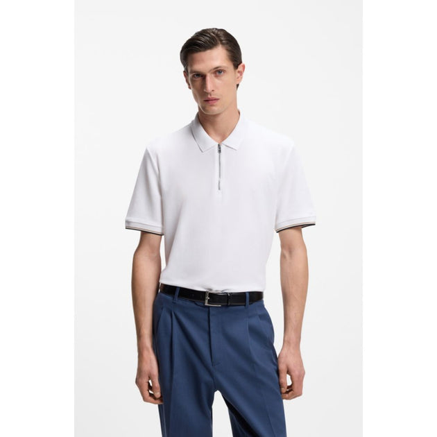 Boss Cotton-pique Polo Shirt Zip Neck White Large 4