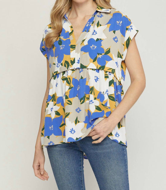Entro Floral Print V-Neck Top Blue Small 2