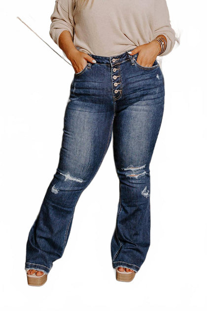 KanCan Nikky Midrise Distressed Flare Jean Blue 27 3