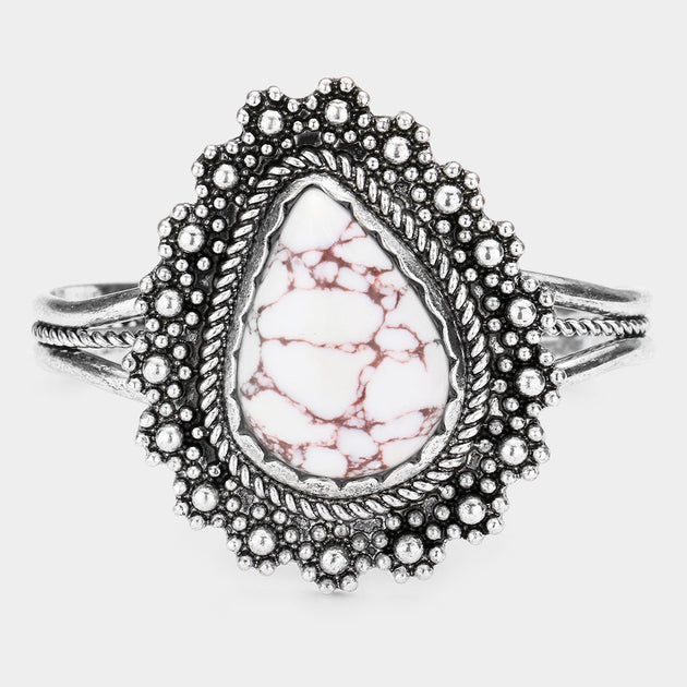 FASHNZFAB Teardrop Stone Metal Cuff Bracelet White Pink One Size 2