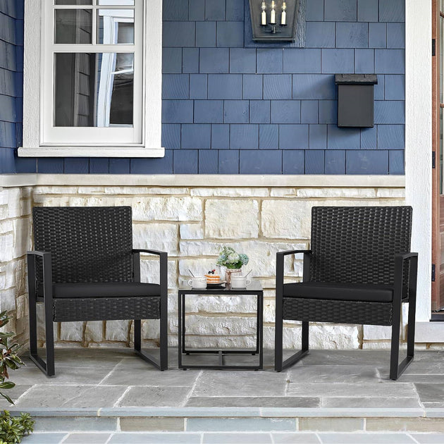 3 Pieces Patio Furniture Set with Cushioned Chairs and Tempered Glass Side Table-Black