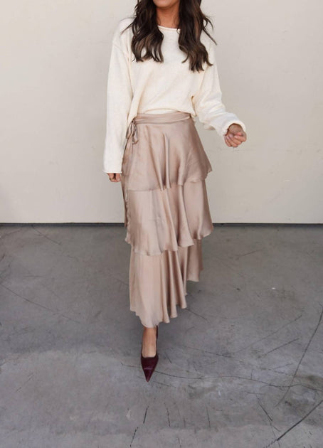 EN CREME Tiered Satin Maxi Skirt Beige Small 2