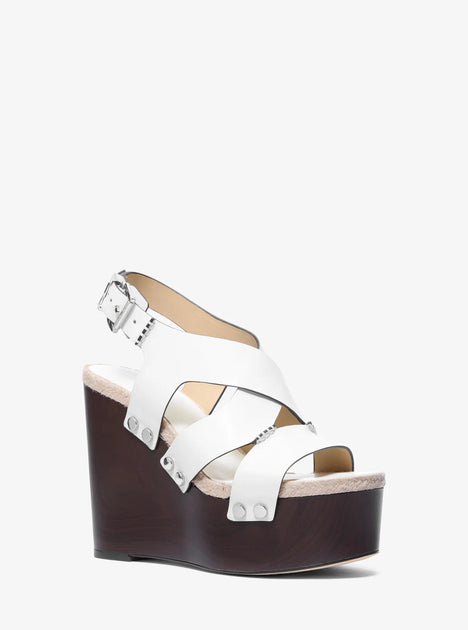 Michael Kors Raven Studded Leather Wedge Sandal White US 10 2