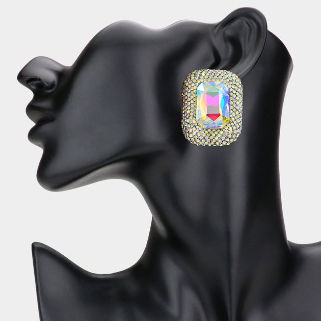 FASHNZFAB Rectangular Glass Stone Pointed Evening Earrings Black 2
