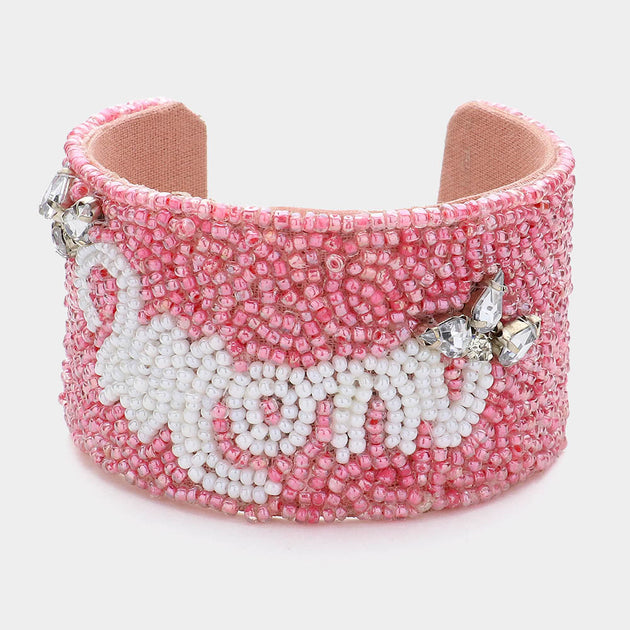 FASHNZFAB Marquise Stone Mama Message Seed Beaded Cuff Bracelet Pink One Size 2
