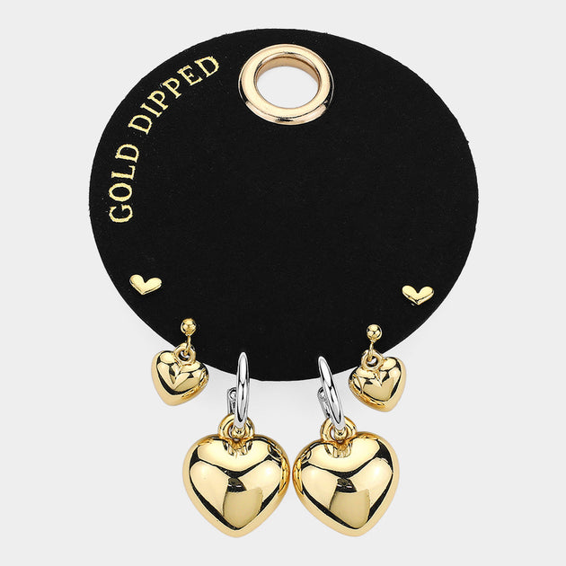 FASHNZFAB Secret Box Gold Dipped Heart 3 Pairs Earrings Black 2