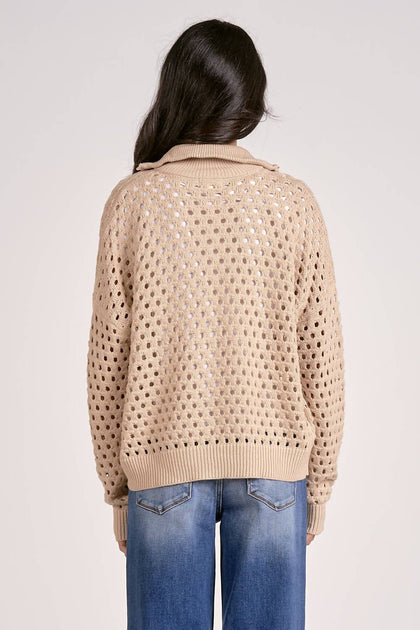 ELAN Half Zip Open Knit Pullover Sweater Beige Small 3