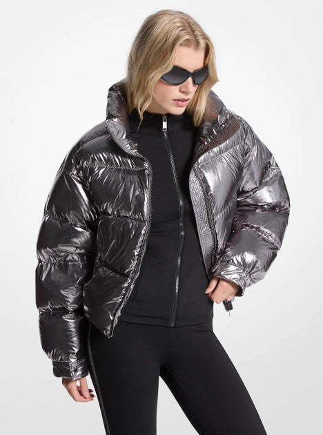 Michael Kors Metallic Nylon Puffer Jacket Silver XS 2