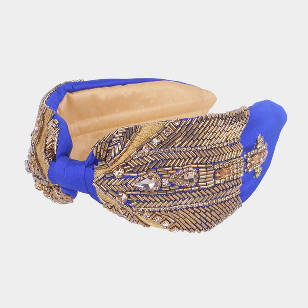 FASHNZFAB Multi Stone Cylinder Beaded Headband White 3