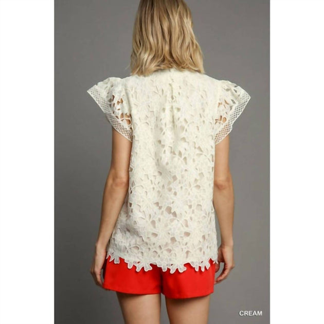 Style USA Lace Split Neck Top White Large 3