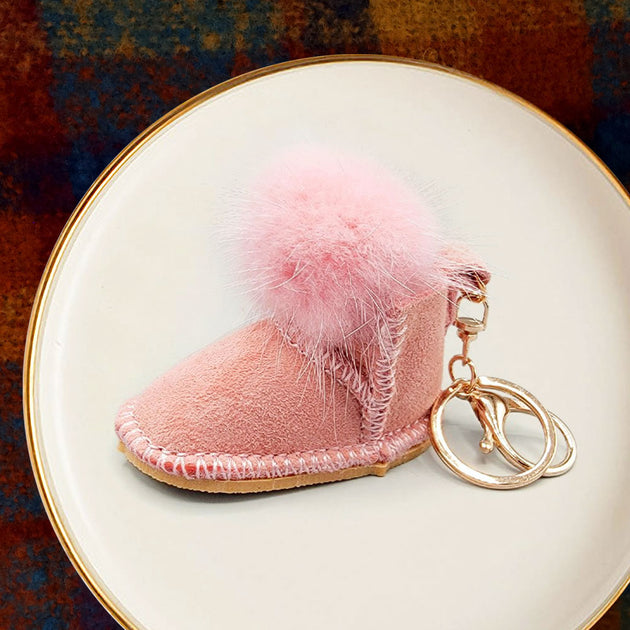FASHNZFAB Faux Fur Pom Pom Boot Keychain Grey One Size 2