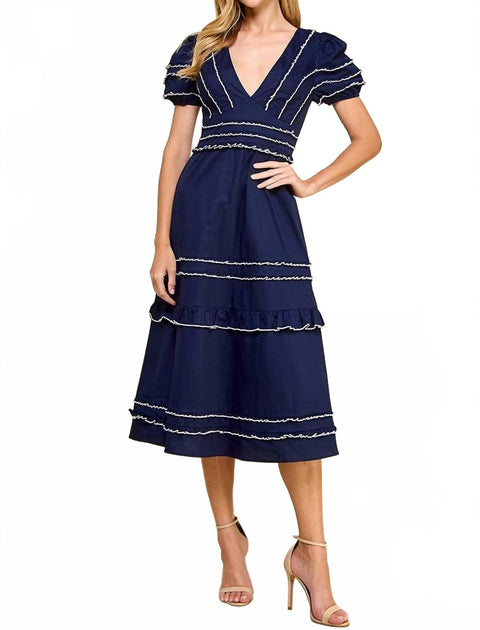 Robe Midi TCEC Col V à Rayures Bleu Medium 2