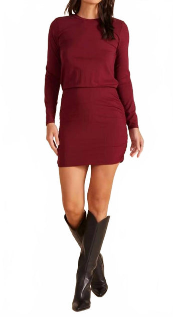 bobi Long Sleeve Crew Neck Side Shirred Dress Red Small 2