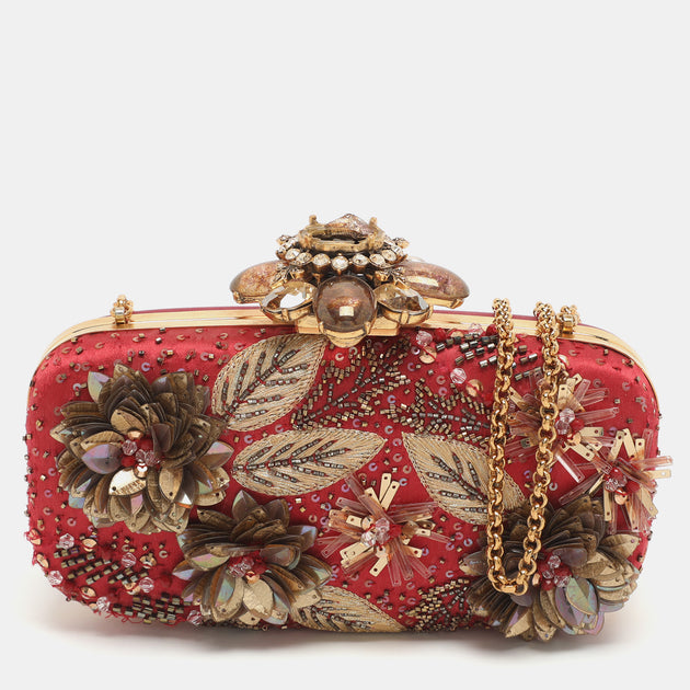Oscar De La Renta Metal Frame Satin Clutch Red 2