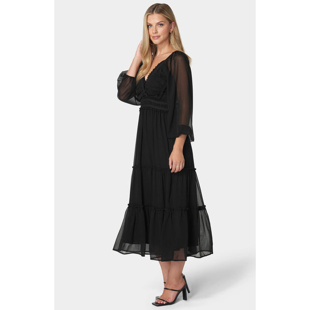 Bebe Lace Up Back Chiffon Midi Dress Black Medium 3